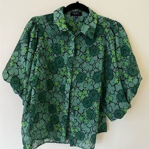 💚💚 Papillon Green Floral Sheer Puff Sleeve Button-Up (L)
